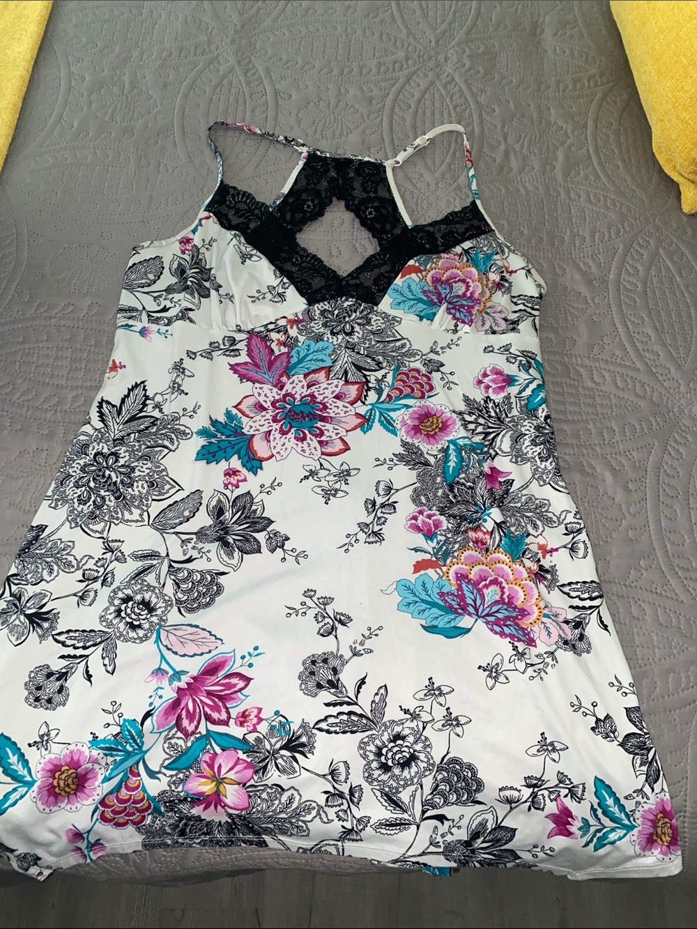 Secret Treasures White Floral Chemise with Black Lace and Pink & Teal Flowers